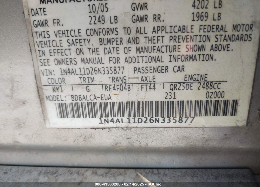 2006 NISSAN ALTIMA 2.5 S VIN: 1N4AL11D26N335877