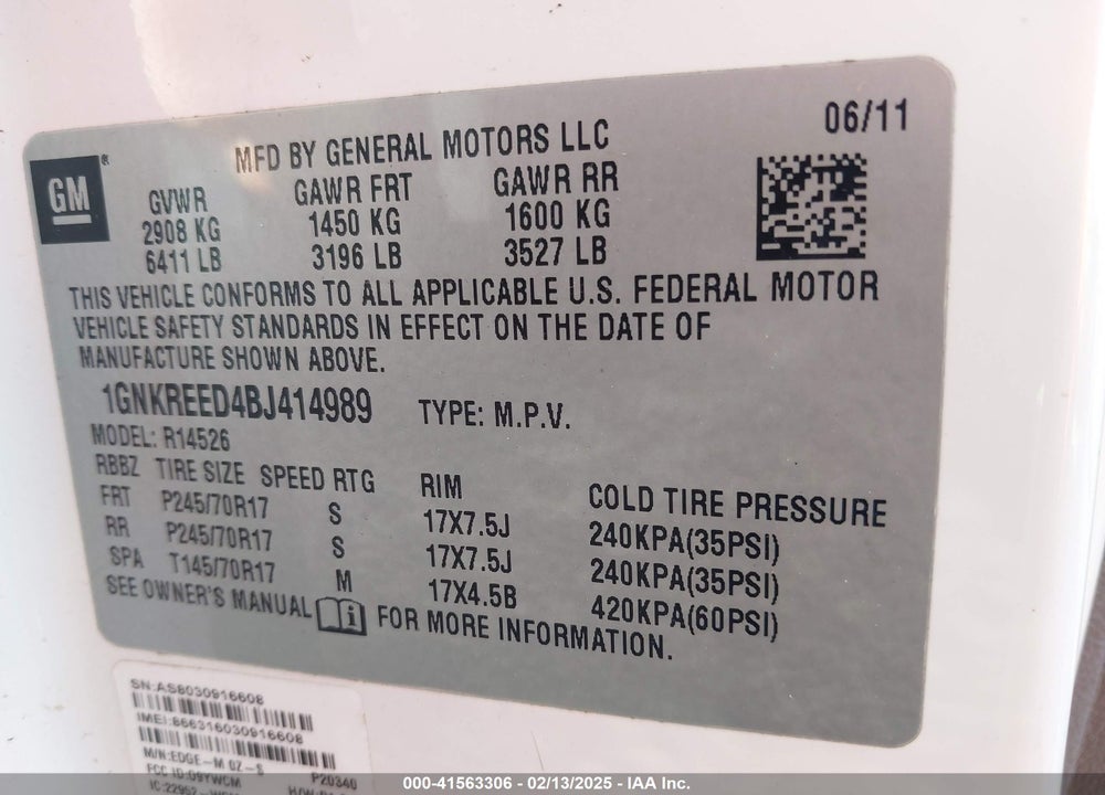 2011 CHEVROLET TRAVERSE VIN: 1GNKREED4BJ414989