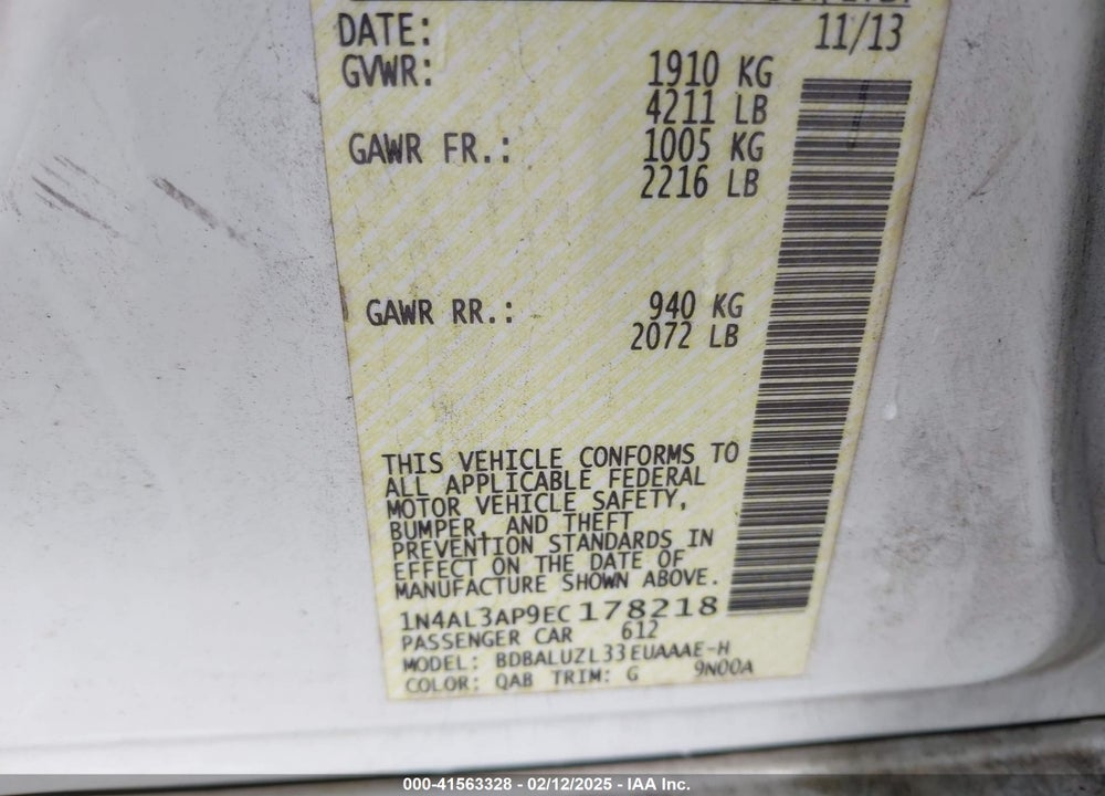 2014 NISSAN ALTIMA VIN: 1N4AL3AP9EC178218