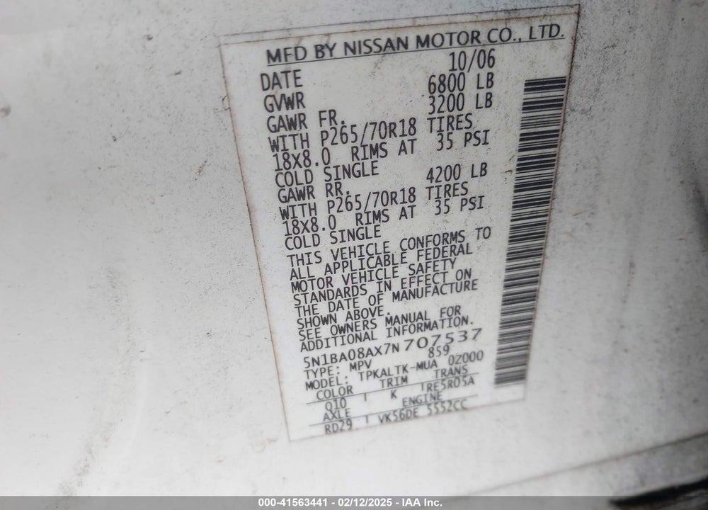 2007 NISSAN ARMADA VIN: 5N1BA08AX7N707537