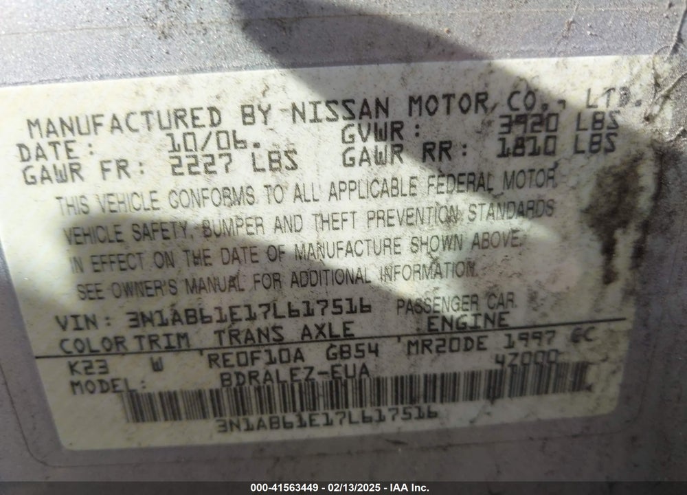 2007 NISSAN SENTRA VIN: 3N1AB61E17L617516