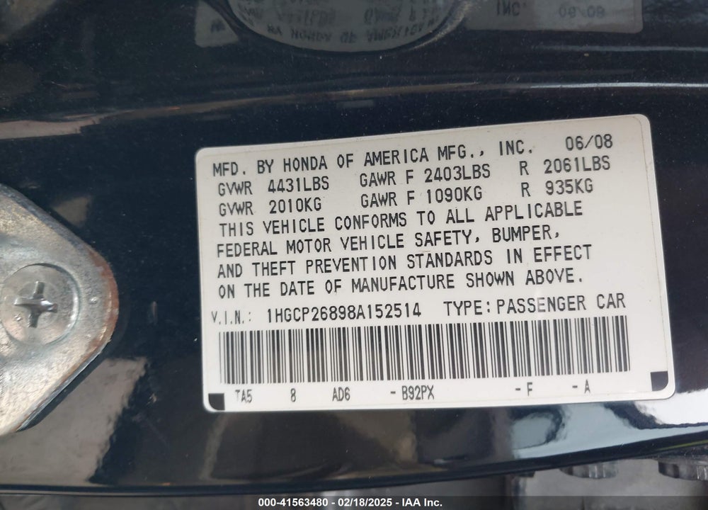 2008 HONDA ACCORD VIN: 1HGCP26898A152514