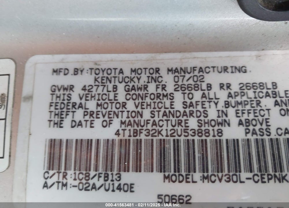 2002 TOYOTA CAMRY VIN: 4T1BF32K12U538818