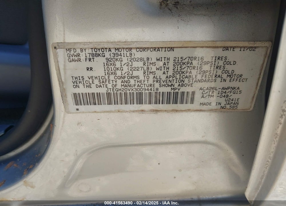2003 TOYOTA RAV4 VIN: JTEGH20VX30094418