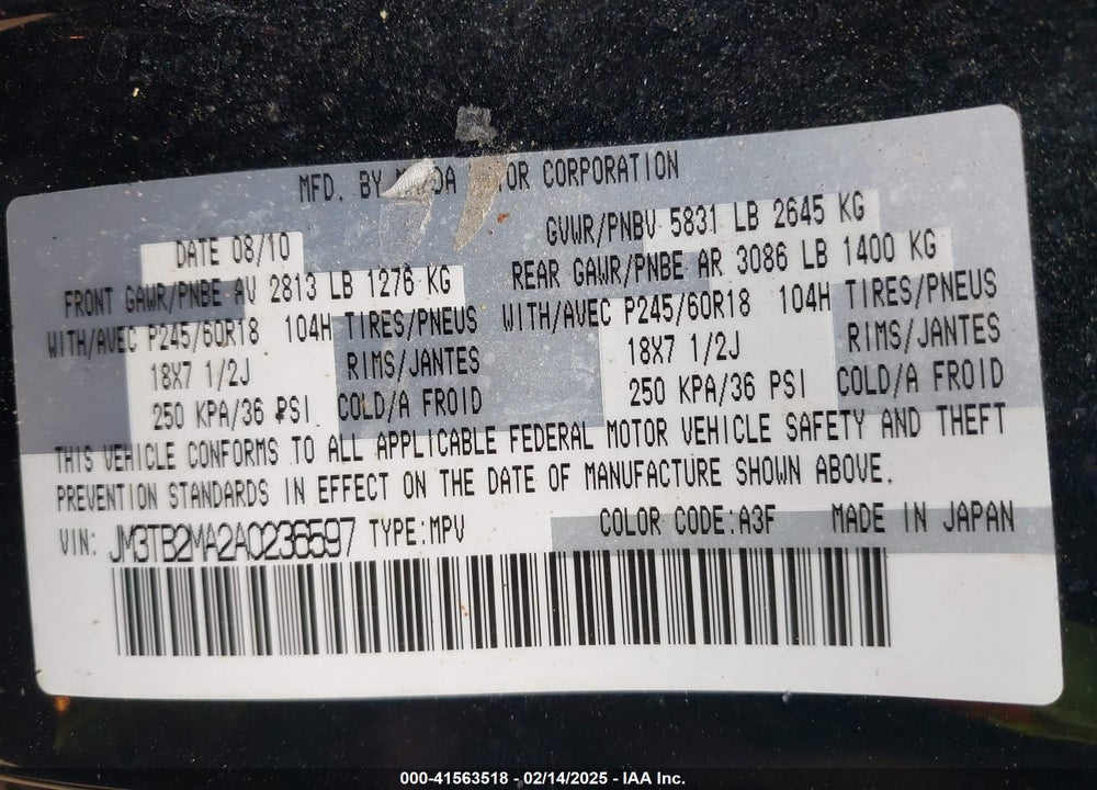 2010 MAZDA CX-9 VIN: JM3TB2MA2A0236597