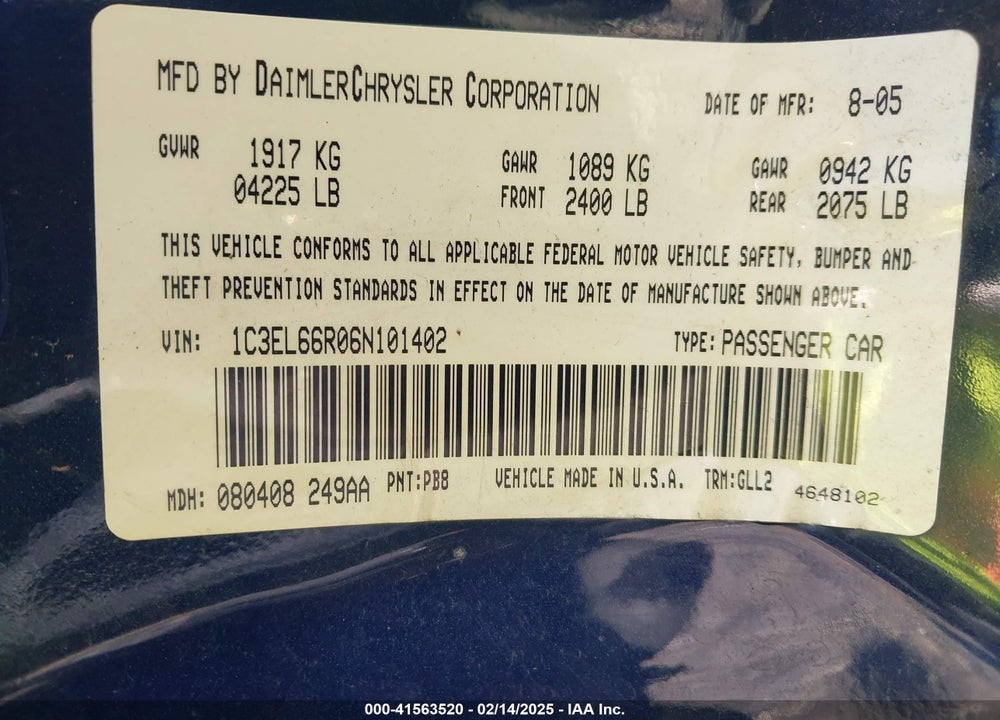 2006 CHRYSLER SEBRING VIN: 1C3EL66R06N101402