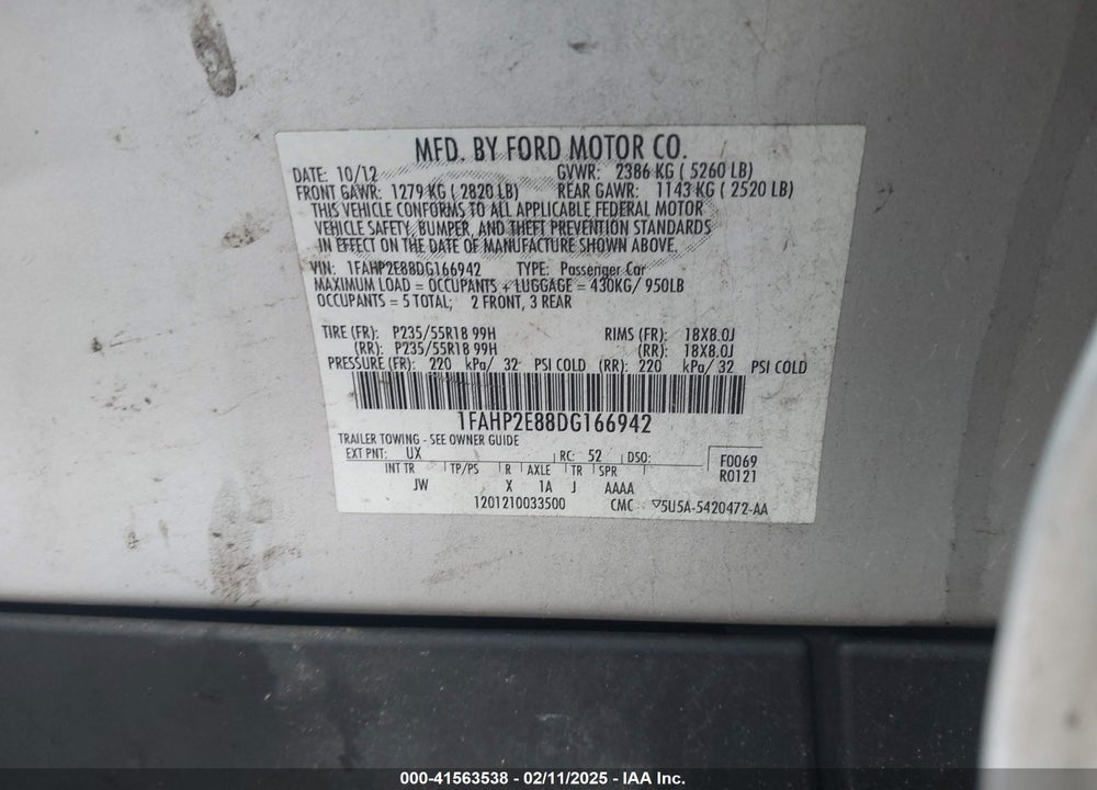 2013 FORD TAURUS VIN: 1FAHP2E88DG166942