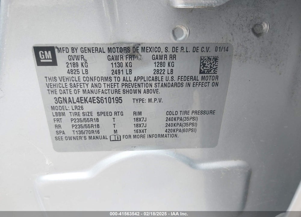 2014 CHEVROLET CAPTIVA SPORT VIN: 3GNAL4EK4ES610195