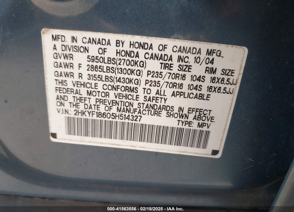 2005 HONDA PILOT VIN: 2HKYF18605H514327