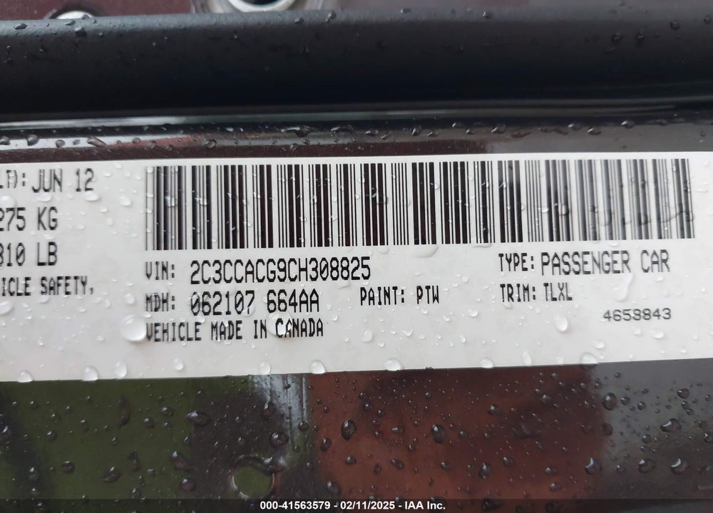 2012 CHRYSLER 300 LIMITED VIN: 2C3CCACG9CH308825