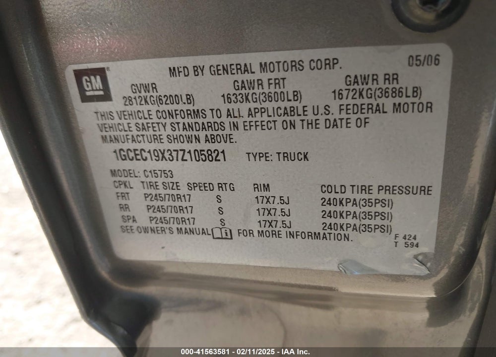 2007 CHEVROLET SILVERADO 1500 CLASSIC VIN: 1GCEC19X37Z105821