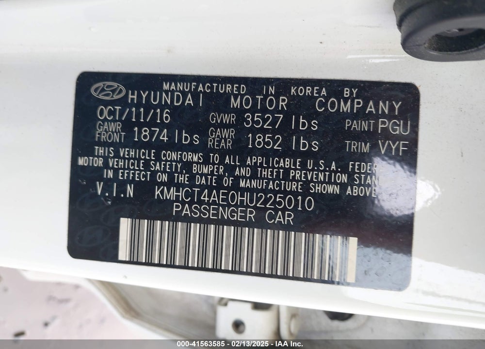 2017 HYUNDAI ACCENT VIN: KMHCT4AE0HU225010