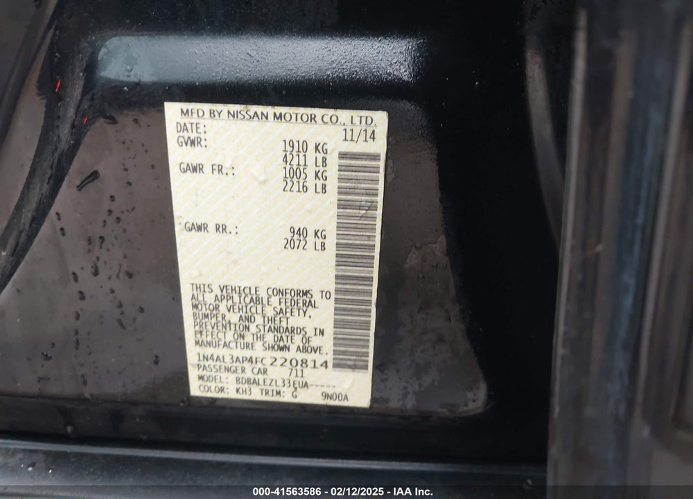2015 NISSAN ALTIMA VIN: 1N4AL3AP4FC220814