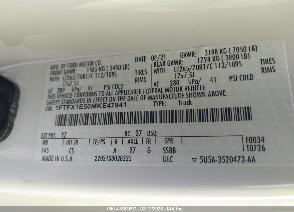 2021 FORD F-150 XL VIN: 1FTFX1E50MKE47941