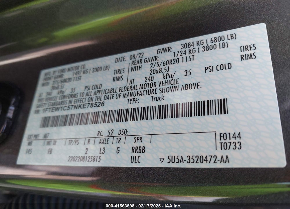 2022 FORD F-150 VIN: 1FTEW1C57NKE78526