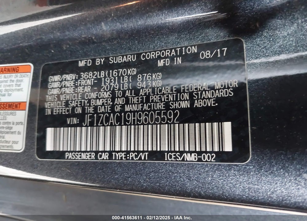 2017 SUBARU BRZ VIN: JF1ZCAC19H9605592