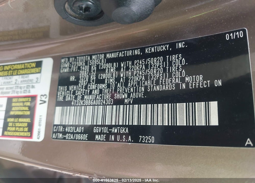2010 TOYOTA VENZA VIN: 4T3ZK3BB6AU024303