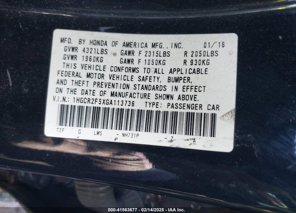 2016 HONDA ACCORD SPORT VIN: 1HGCR2F5XGA113736