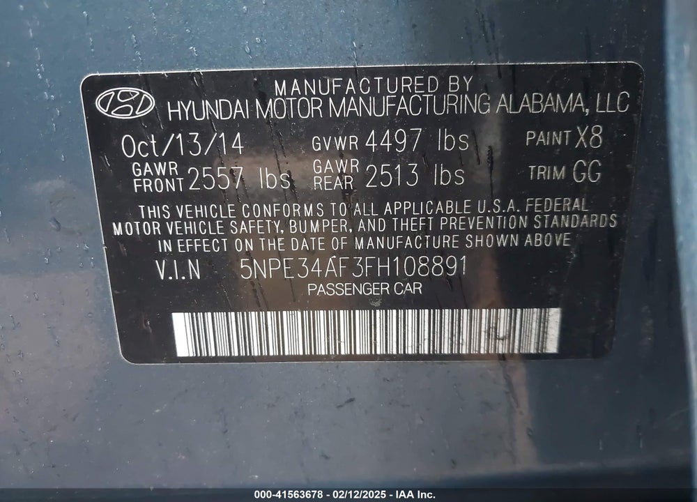 2015 HYUNDAI SONATA VIN: 5NPE34AF3FH108891