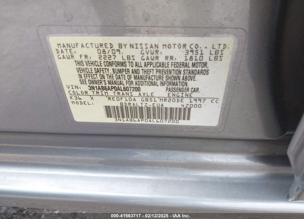 2010 NISSAN SENTRA VIN: 3N1AB6AP0AL607200
