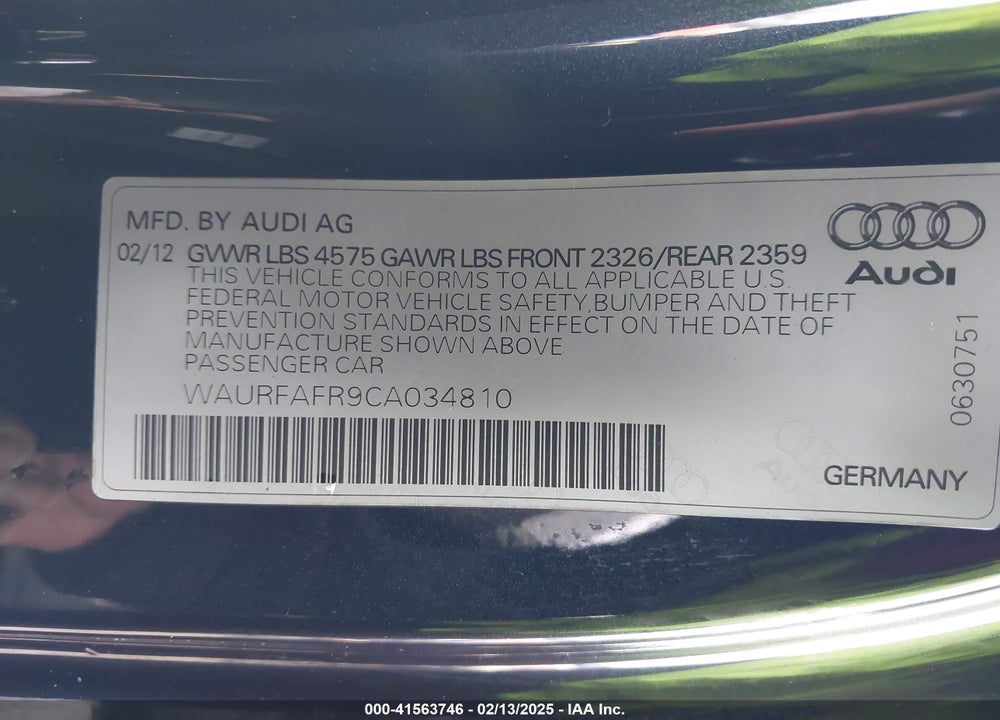 2012 AUDI A5 2.0T PREMIUM VIN: WAURFAFR9CA034810