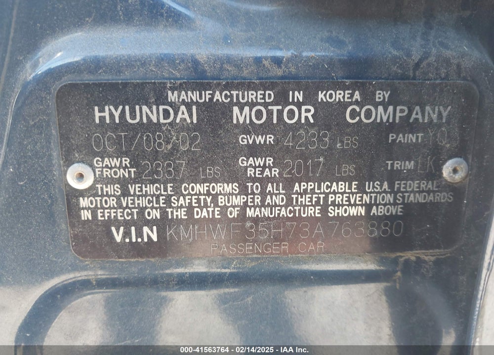 2003 HYUNDAI SONATA GLS/LX VIN: KMHWF35H73A763880