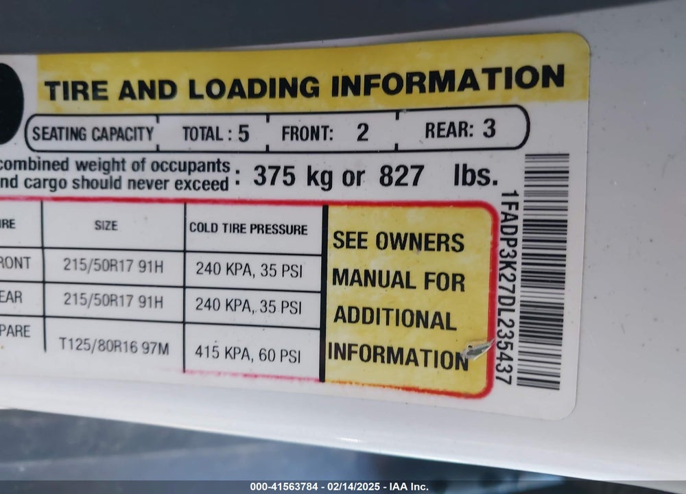 2013 FORD FOCUS VIN: 1FADP3K27DL235437