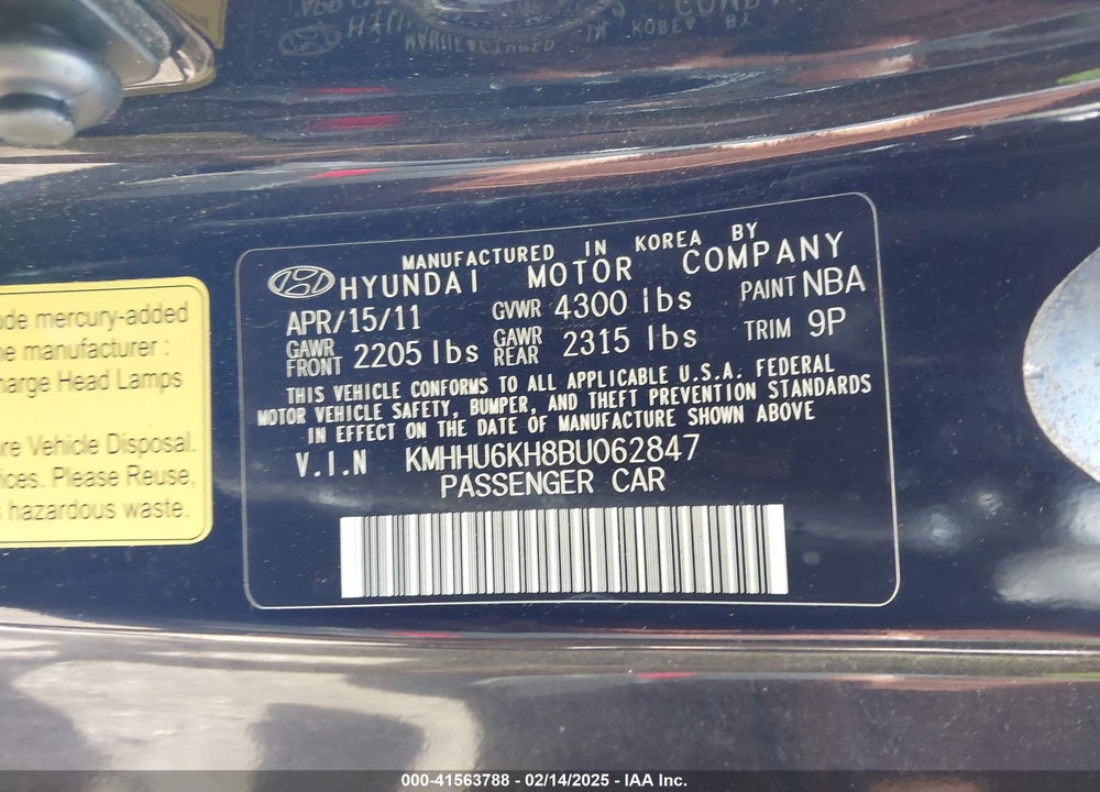2011 HYUNDAI GENESIS 3.8 GRAND TOURING VIN: KMHHU6KH8BU062847