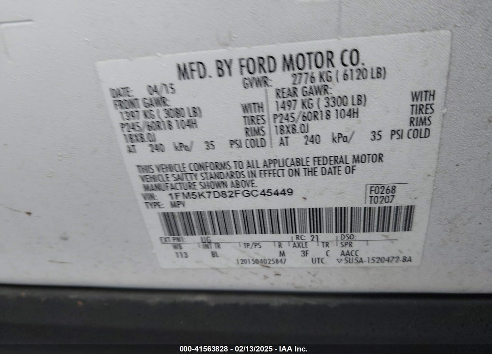 2015 FORD EXPLORER XLT VIN: 1FM5K7D82FGC45449