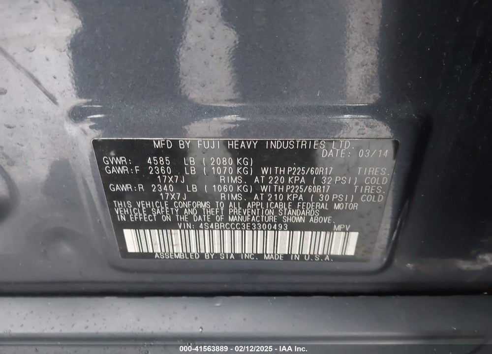 2014 SUBARU OUTBACK 2.5I PREMIUM VIN: 4S4BRCCC3E3300493