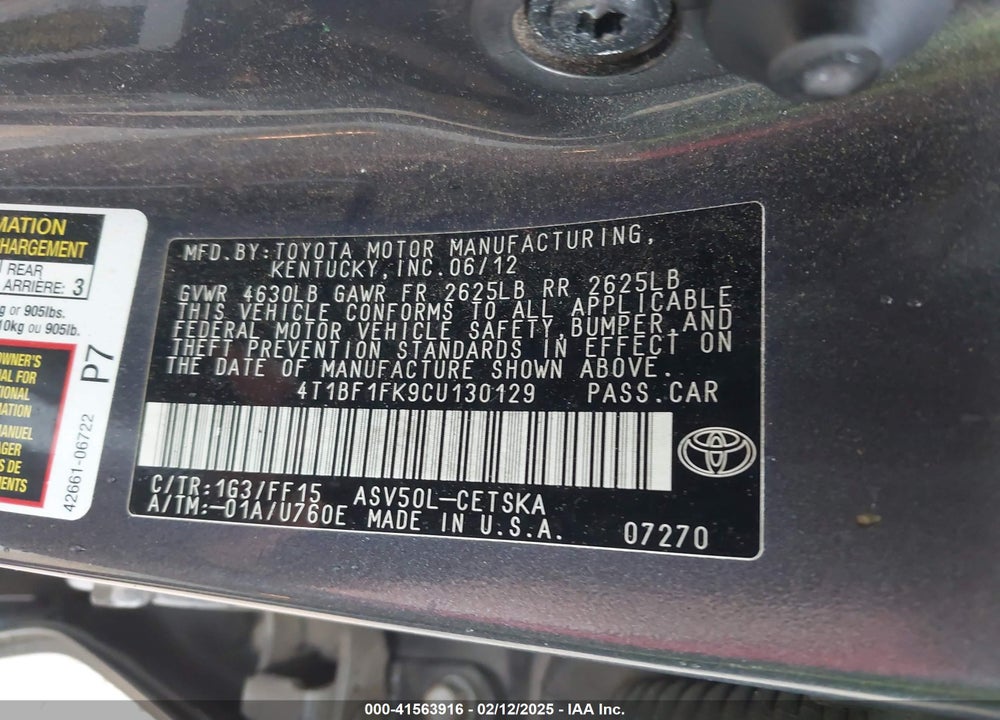 2012 TOYOTA CAMRY SE VIN: 4T1BF1FK9CU130129