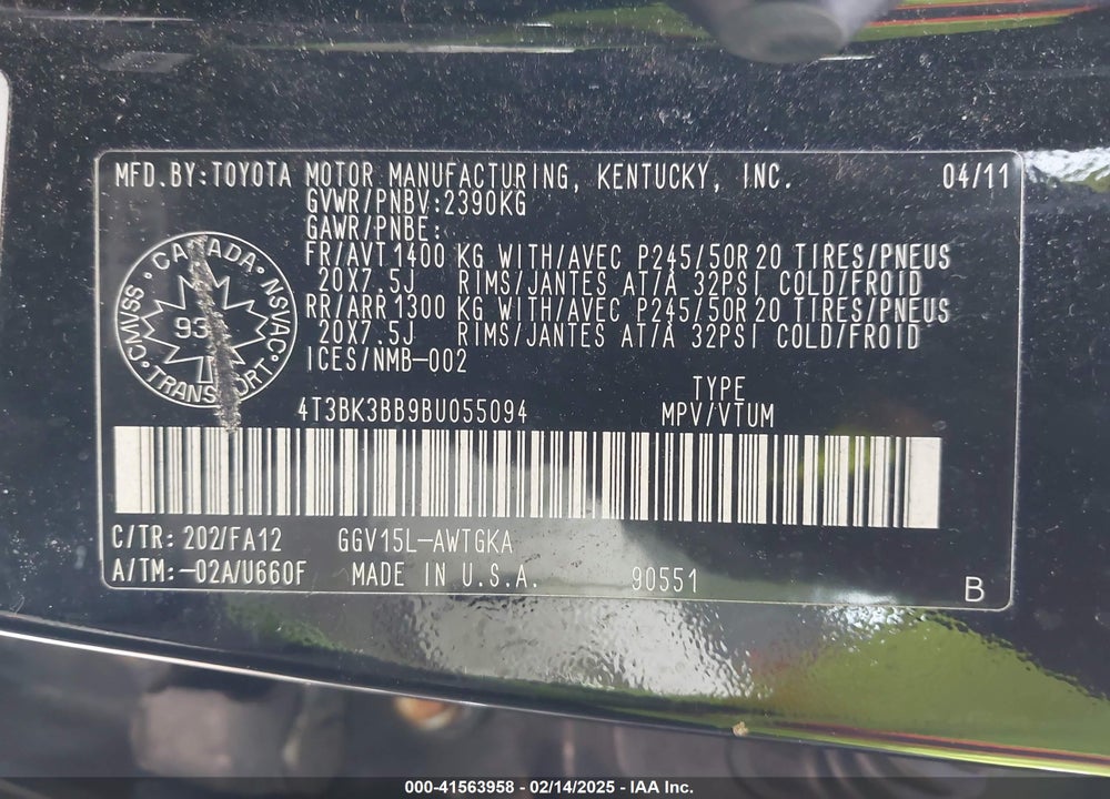 2011 TOYOTA VENZA BASE V6 VIN: 4T3BK3BB9BU055094