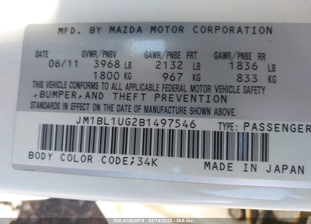 2011 MAZDA 3 I SPORT VIN: JM1BL1UG2B1497546
