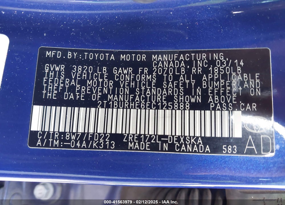 2014 TOYOTA COROLLA VIN: 2T1BURHE6EC125888
