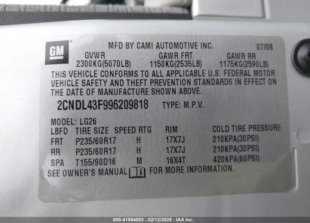2009 CHEVROLET EQUINOX LT VIN: 2CNDL43F996209818