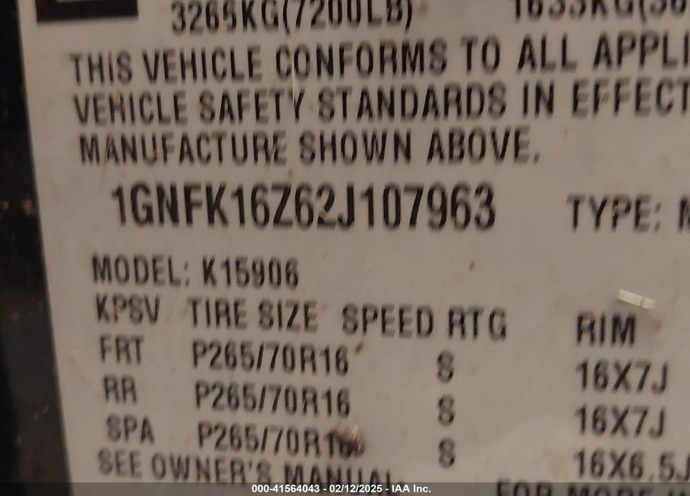 2002 CHEVROLET SUBURBAN 1500 LT VIN: 1GNFK16Z62J107963