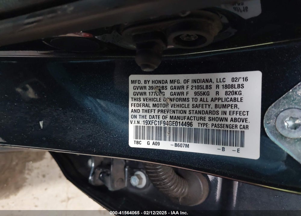 2016 HONDA CIVIC VIN: 19XFC1F94GE014496