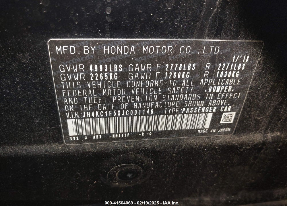 2018 ACURA RLX VIN: JH4KC1F5XJC001146