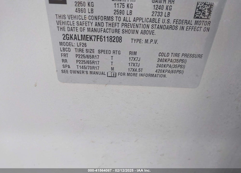 2015 GMC TERRAIN SLE-1 VIN: 2GKALMEK7F6118208