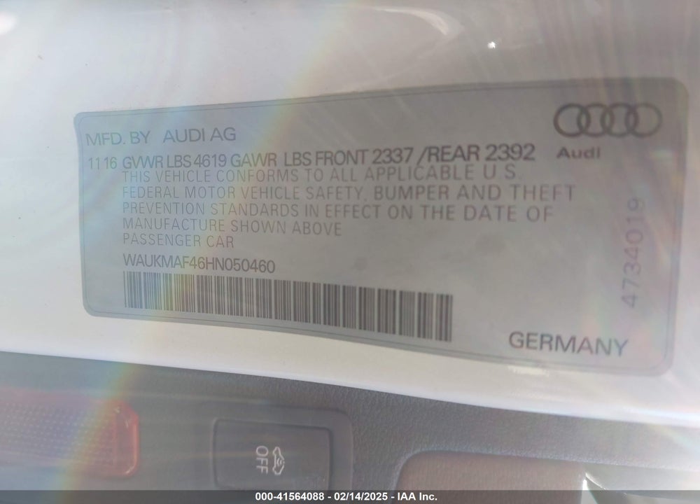 2017 AUDI A4 VIN: WAUKMAF46HN050460