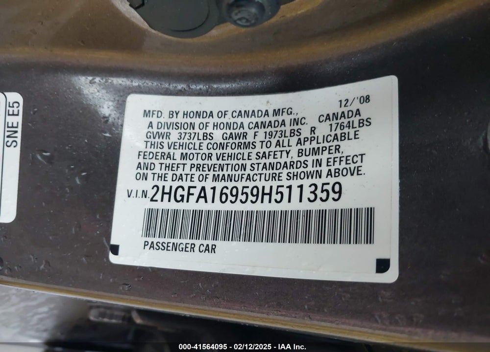 2009 HONDA CIVIC VIN: 2HGFA16959H511359