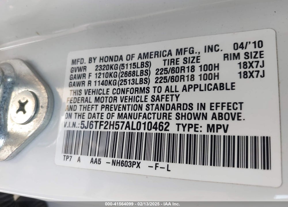 2010 HONDA ACCORD CROSSTOUR EX-L VIN: 5J6TF2H57AL010462
