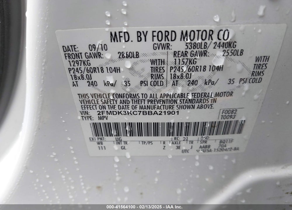 2011 FORD EDGE VIN: 2FMDK3KC7BBA21901