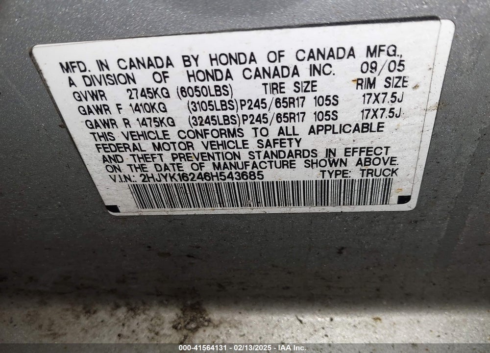 2006 HONDA RIDGELINE VIN: 2HJYK16246H543685