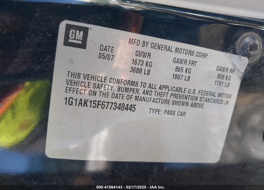 2007 CHEVROLET COBALT LS VIN: 1G1AK15F677348445