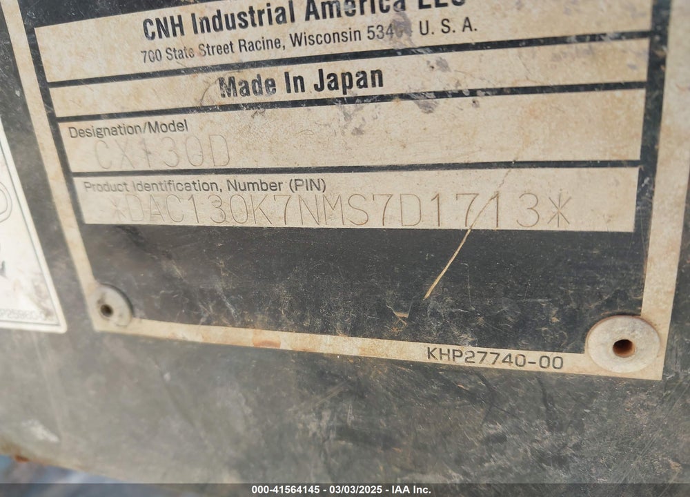 2022 CASE CX130D EXCAVATOR VIN: NMS7D1713