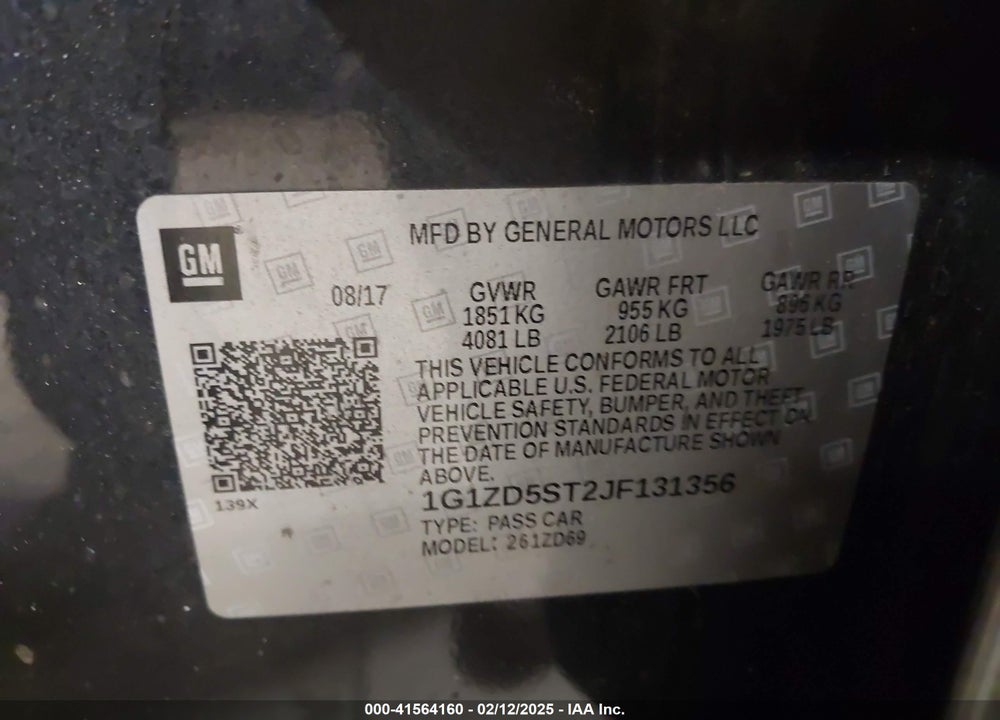 2018 CHEVROLET MALIBU VIN: 1G1ZD5ST2JF131356