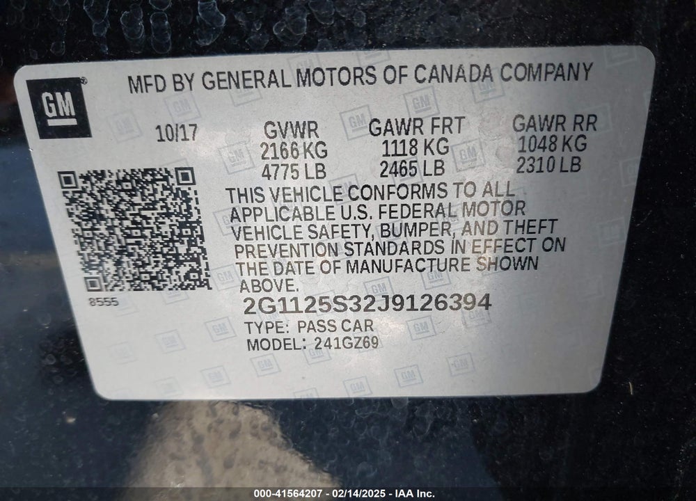 2018 CHEVROLET IMPALA VIN: 2G1125S32J9126394