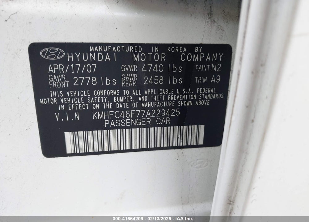 2007 HYUNDAI AZERA LIMITED/SE VIN: KMHFC46F77A229425
