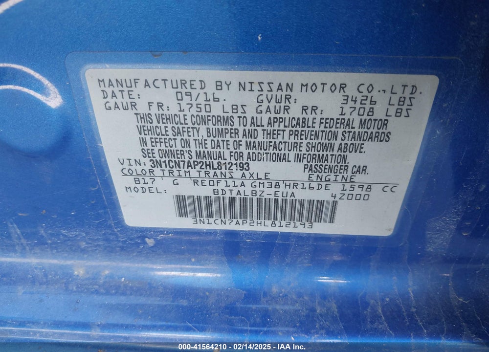 2017 NISSAN VERSA 1.6 SV VIN: 3N1CN7AP2HL812193